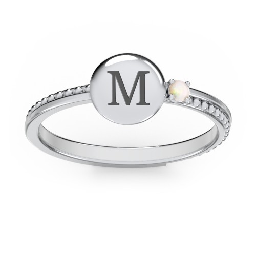 Engravable Disc Ring with Gemstone and Beaded Band – Sterling Silver with Opal