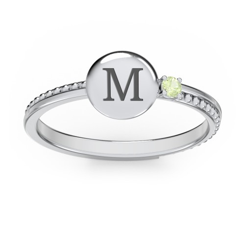 Engravable Disc Ring with Gemstone and Beaded Band