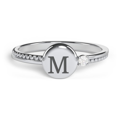 Engravable Disc Ring with Gemstone and Beaded Band – Sterling Silver with Diamond