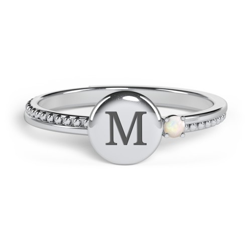 Engravable Disc Ring with Gemstone and Beaded Band – Sterling Silver with Opal