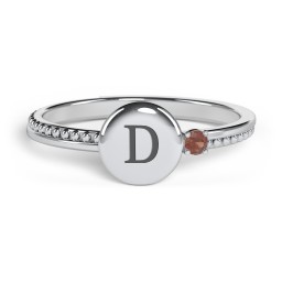 Engravable Disc Ring with Gemstone and Beaded Band in 925 Sterling Silver with Garnet