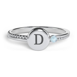 Engravable Disc Ring with Gemstone and Beaded Band in 925 Sterling Silver with Blue Topaz