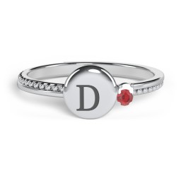 Engravable Disc Ring with Gemstone and Beaded Band in 925 Sterling Silver with Garnet