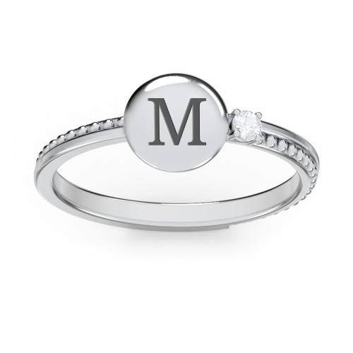 Engravable Disc Ring with Gemstone and Beaded Band – Sterling Silver with Aquamarine