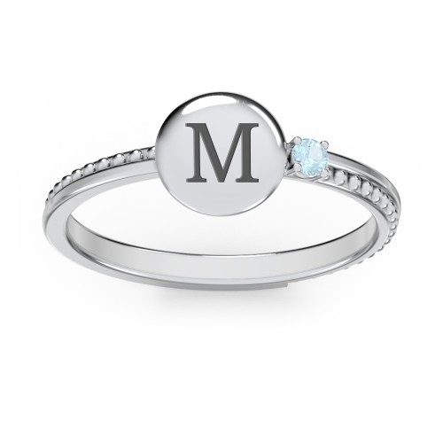 Engravable Disc Ring with Gemstone and Beaded Band – Sterling Silver with Blue Topaz