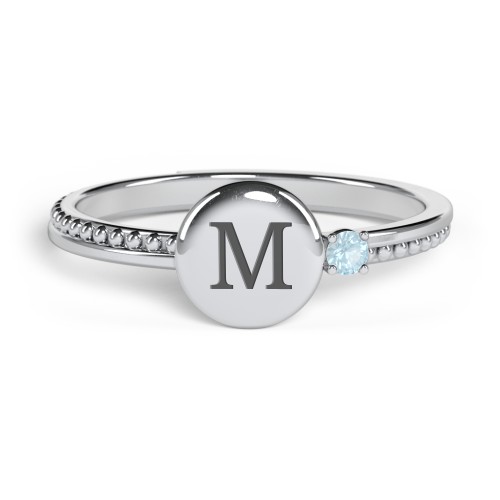 Engravable Disc Ring with Gemstone and Beaded Band – Sterling Silver with Blue Topaz