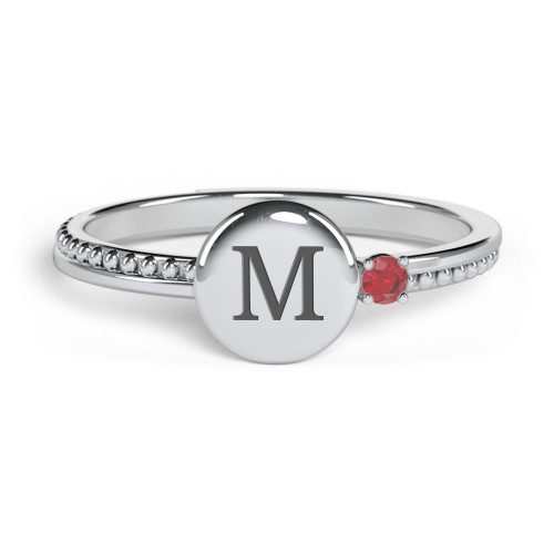 Engravable Disc Ring with Gemstone and Beaded Band – Sterling Silver with Garnet