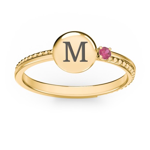 Engravable Disc Ring with Gemstone and Beaded Band – 9kt Yellow Gold with Ruby