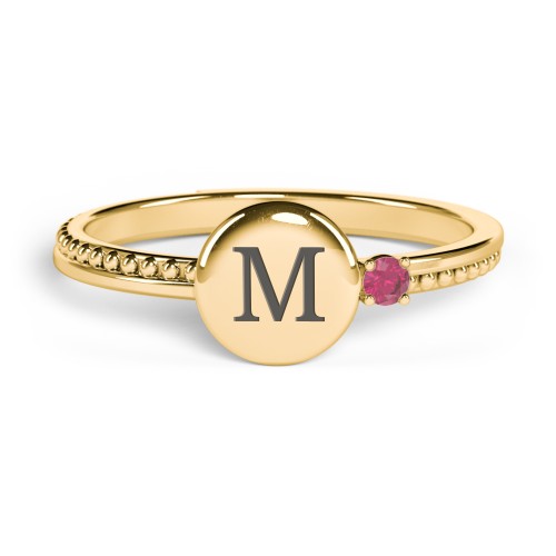 Engravable Disc Ring with Gemstone and Beaded Band – 9kt Yellow Gold with Ruby