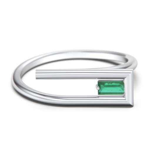 Geometric Wire Ring with East-West Baguette Gemstone – Sterling Silver with Emerald