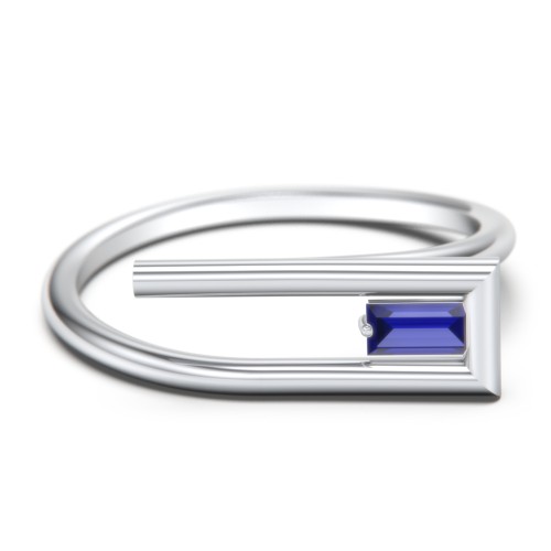 Geometric Wire Ring with East-West Baguette Gemstone – Sterling Silver with Blue Sapphire