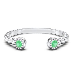 Beaded Ball Open Cuff Ring with Gemstones in 925 Sterling Silver with Emerald