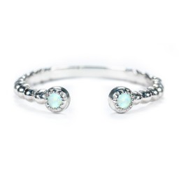 Beaded Ball Open Cuff Ring with Gemstones in 925 Sterling Silver with Opal