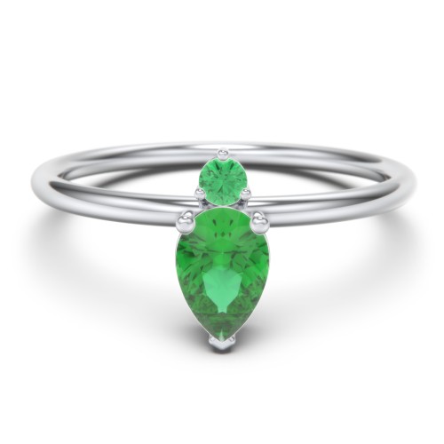 Pear Ring with Round Accent Stone – Sterling Silver with Emerald