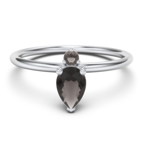 Pear Ring with Round Accent Stone – Sterling Silver with Smokey Quartz