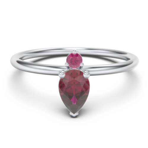 Pear Ring with Round Accent Stone – Sterling Silver with Ruby