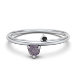 Off-Set Gemstone Stacking Ring in 925 Sterling Silver with Alexandrite and Black Premium Zirconia