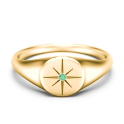 Star Set Signet Ring in 9K Solid Yellow Gold with Green Premium Zirconia