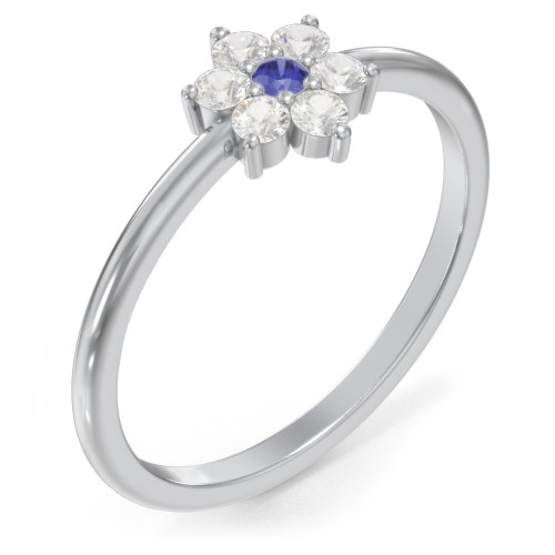 Flower Stackable Ring with Gemstones – Sterling Silver with Blue Sapphire and Cubic Zirconia