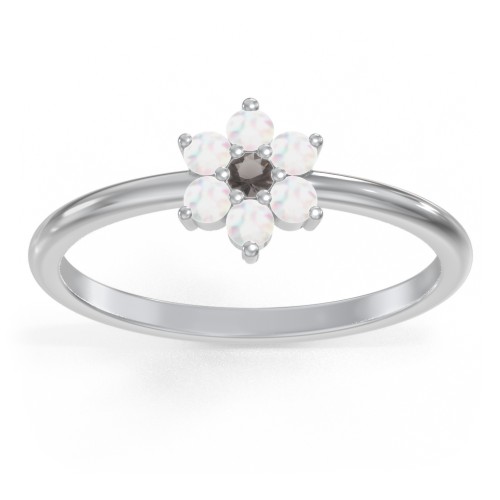 Flower Stackable Ring with Gemstones – Sterling Silver with Smokey Quartz and Opal