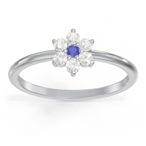 Flower Stackable Ring with Gemstones – Sterling Silver with Blue Sapphire and Cubic Zirconia