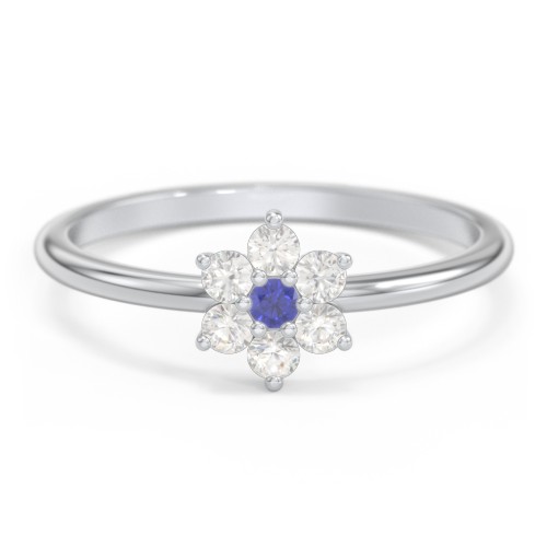 Flower Stackable Ring with Gemstones – Sterling Silver with Blue Sapphire and Cubic Zirconia