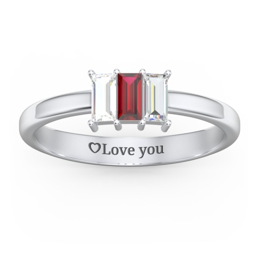 3 Stone Vertical Baguette Ring – Sterling Silver with Cubic Zirconia and Garnet