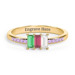 3 Stone Vertical Baguette Ring with Accents in 9K Solid Yellow Gold with Emerald, Ruby, Cubic Zirconia, and Amethyst Premium Zirconia