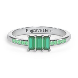 3 Stone Vertical Baguette Ring with Accents in 925 Sterling Silver with Emerald and Green Premium Zirconia
