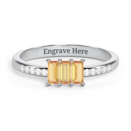 3 Stone Vertical Baguette Ring with Accents in 925 Sterling Silver with Citrine and White Premium Zirconia