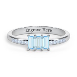 3 Stone Vertical Baguette Ring with Accents in 925 Sterling Silver with Blue Topaz and Fancy Blue Premium Zirconia