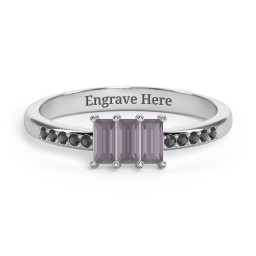 3 Stone Vertical Baguette Ring with Accents in 925 Sterling Silver with Alexandrite and Black Premium Zirconia