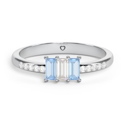 3 Stone Vertical Baguette Ring with Accents in 925 Sterling Silver with Blue Topaz, Cubic Zirconia, and White Premium Zirconia