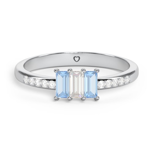 3 Stone Vertical Baguette Ring with Accents – Sterling Silver with Blue Topaz, Cubic Zirconia, and White Premium Zirconia
