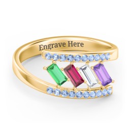 Tilted Baguette Bypass Ring with Accents in 9K Solid Yellow Gold with Emerald, Ruby, Cubic Zirconia, Amethyst, and Fancy Blue Premium Zirconia