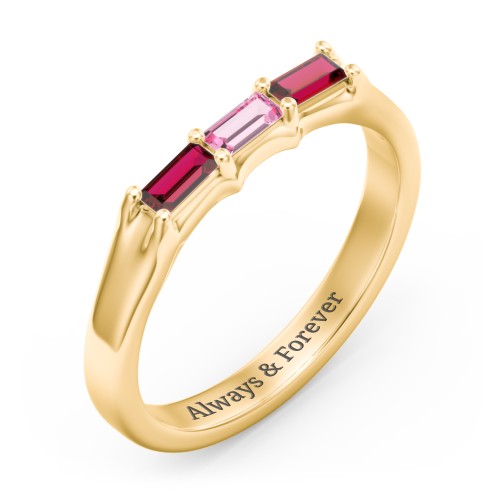 3 Stone Horizontal Baguette Ring – 9kt Yellow Gold with Garnet and Pink Tourmaline