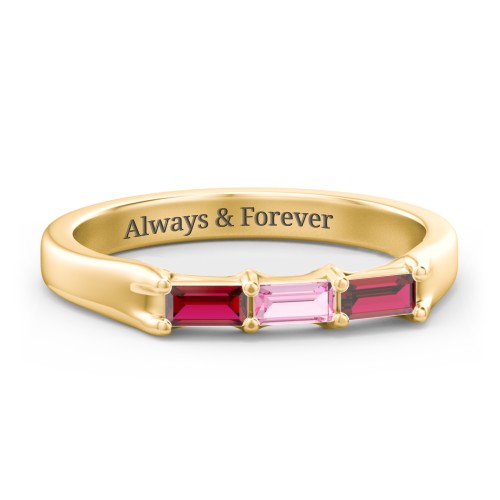 3 Stone Horizontal Baguette Ring – 9kt Yellow Gold with Garnet and Pink Tourmaline