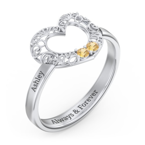 Filigree Heart Ring with Birthstones