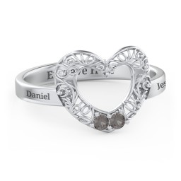 Filigree Heart Ring with Birthstones in 925 Sterling Silver with Smokey Quartz
