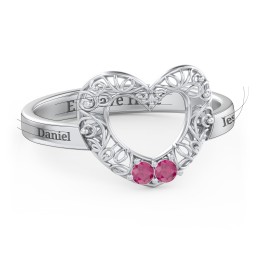 Filigree Heart Ring with Birthstones in 925 Sterling Silver with Ruby