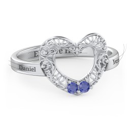 Filigree Heart Ring with Birthstones in 925 Sterling Silver with Blue Sapphire