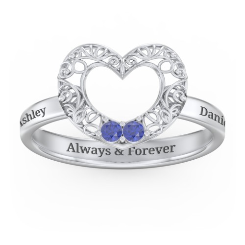 Filigree Heart Ring with Birthstones – Sterling Silver with Blue Sapphire