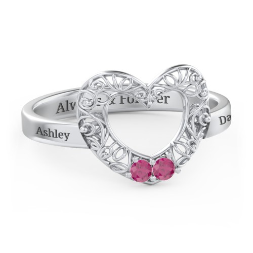 Filigree Heart Ring with Birthstones – Sterling Silver with Ruby