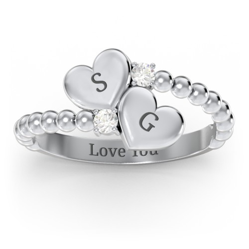 Engravable Double Heart Ring with Birthstones – Sterling Silver with Cubic Zirconia