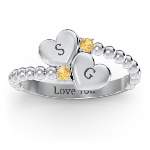 Engravable Double Heart Ring with Birthstones