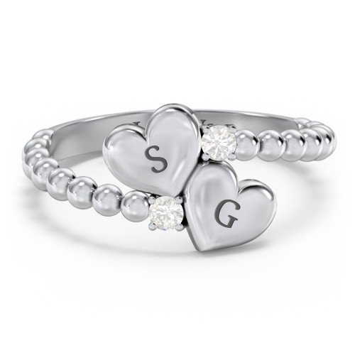 Engravable Double Heart Ring with Birthstones – Sterling Silver with Cubic Zirconia