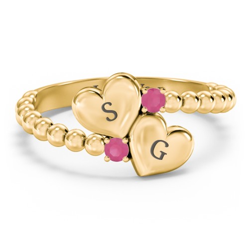 Engravable Double Heart Ring with Birthstones – 18K Gold Plated Silver with Ruby