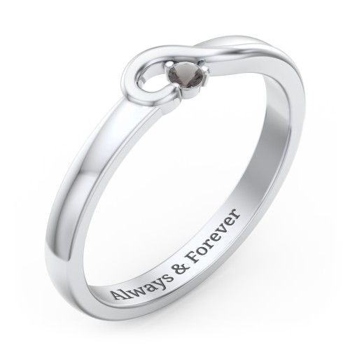 Half Heart Ring with Birthstone – Sterling Silver with Smokey Quartz