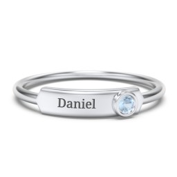 Engravable Bar Ring with Birthstone in 925 Sterling Silver with Blue Topaz