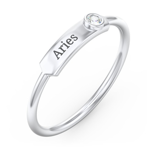 Engravable Bar Ring with Birthstone – Sterling Silver with Cubic Zirconia